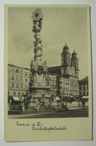 Ansichtskarte Linz a. d. D., Dreifaltigkeitssäule (1949)
